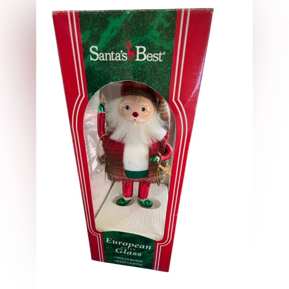 VTG Santa’s Best Santa Claus 7” Mouth Blown Glass Plaid Hat Jacket 1995